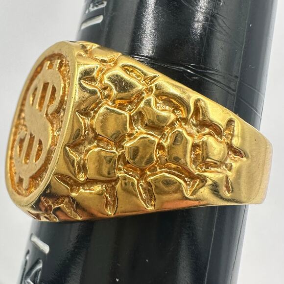 Men's gold plated Dollar money sign nugget statement signet ring size 13 - Picture 3 of 10